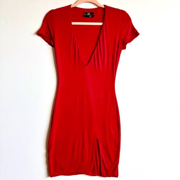 Lux LA Red Bodycon Mini Dress Women’s Small Deep V-Neck Short Sleeve Clubwear - Picture 1 of 6